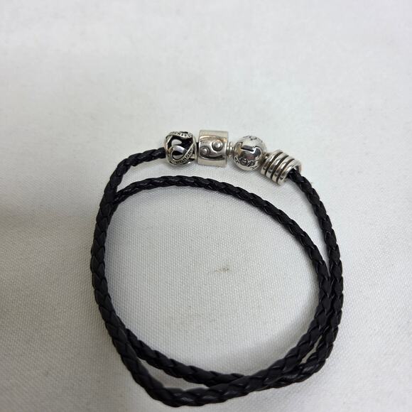 Pandora Sterling Silver Black Leather Braided Wrap Bracelet w/ 3 Charms - Picture 7 of 10